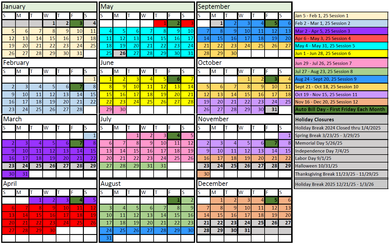 2025 Calendar for Columbine Gymnastics Academy Rifle Colorado